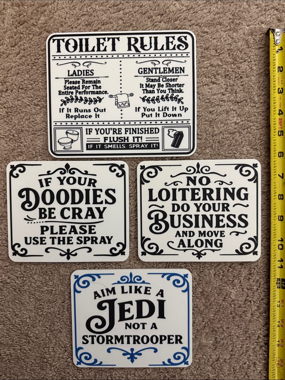 Set of 4 Humorous Bathroom Signs - Black & White